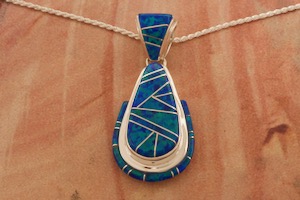 Calvin Begay Fire and Ice Blue Opal Sterling Silver Navajo Pendant